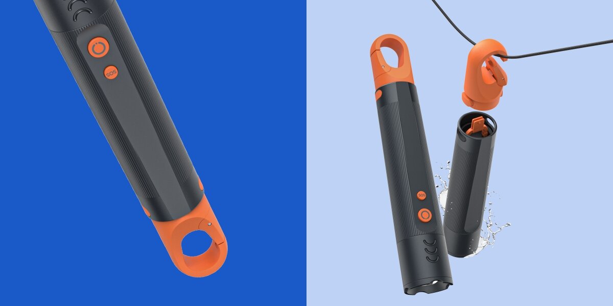 Latarka HAMA FLX350 Grafitowy, ergonomia, chwyt, haczyk, stabilność, Latarka z pomarańczowym uchwytem wisząca na lince