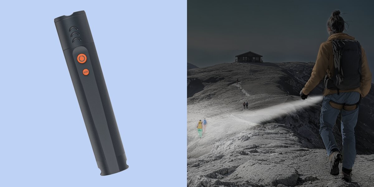 Latarka HAMA FLX600 Grafitowy, trwałość, odporność, pogoda, podróże, Turysta oświetla górski szlak mocną latarką