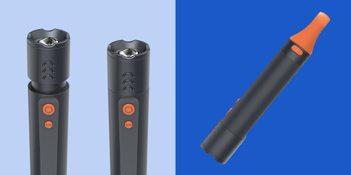 Latarka HAMA FLX600 Grafitowy, zasięg, regulacja, ergonomia, precyzja, Dwie latarki i ujęcie z pomarańczową nasadką