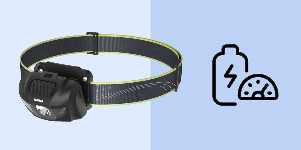 Latarka czołowa HAMA HL200, IP44, opaska, lekkość, trwałość, Czołówka Hama na pasku, ikona wydajnej baterii