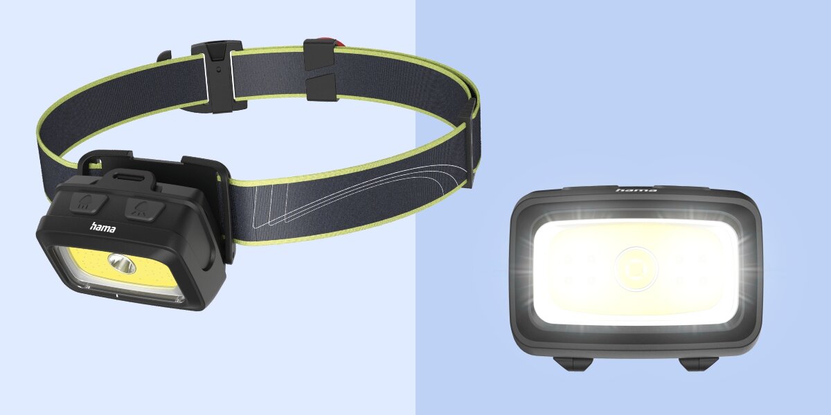 Latarka czołowa HAMA HL350, bieg, biwak, praca, bezpieczeństwo, Czołówka Hama na elastycznym pasku, świeci COB
