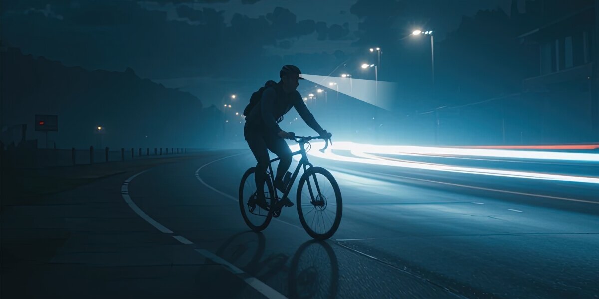 Latarka czołowa HAMA HL350, COB, szeroki strumień, jasność, precyzja, Rowerzysta nocą z czołówką oświetlającą drogę