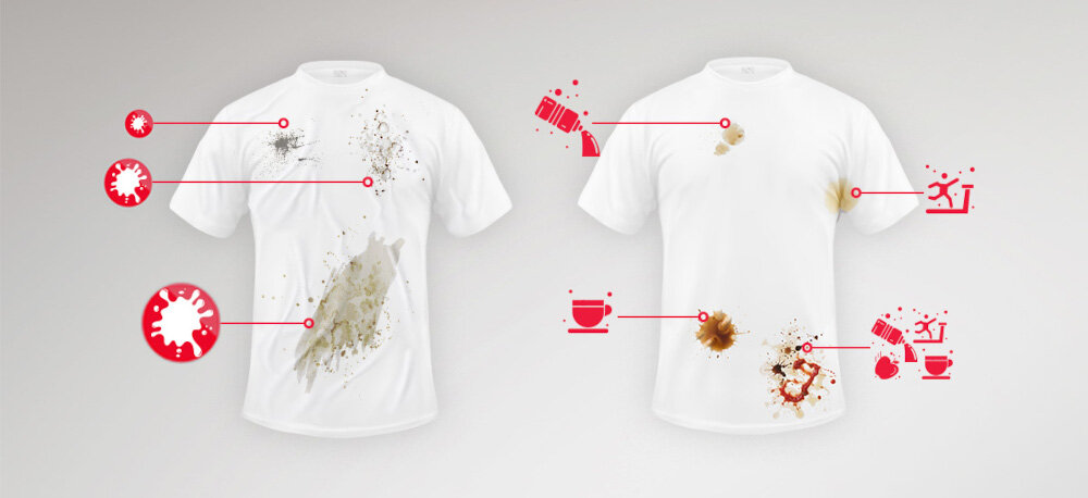 PRALKA SHARP ES-NFL714AWNNA-PL Na grafice widoczne są dwa białe T‑shirty z zaznaczonymi różnymi rodzajami plam. Czerwone ikonki i znaczniki wskazują m.in. zabrudzenia od błota, kurzu, potu, kawy, sosów czy napojów, sugerując skuteczne usuwanie trudnych plam poziomy zabrudzeń stain fighting plamy pot kawa tłuszcz