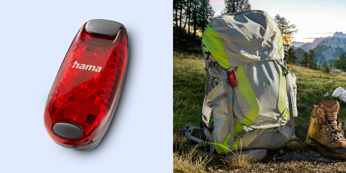Lampka ostrzegawcza HAMA SL-DUO  Czerwono-szary (2 szt.), ergonomia, lekka, mobilna, ochrona, Lampka Hama przypięta do plecaka w górach