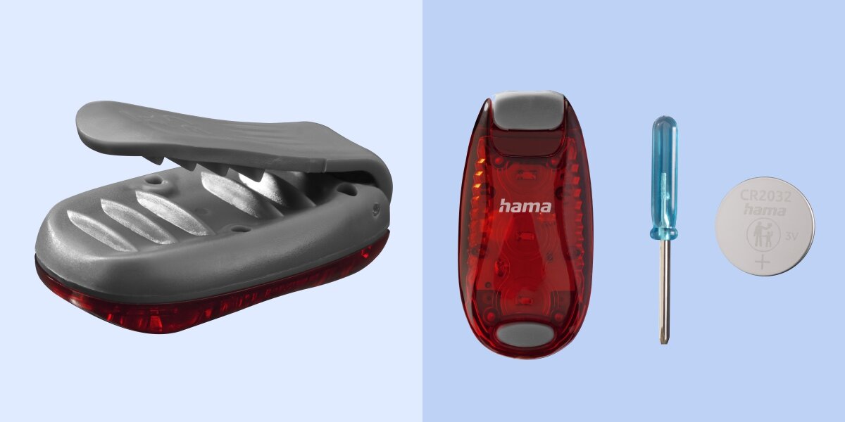 Lampka ostrzegawcza HAMA SL-DUO  Czerwono-szary (2 szt.), klips, odzież, uniwersalność, praktyczność, Czerwona lampka Hama z klipsem i akcesoriami