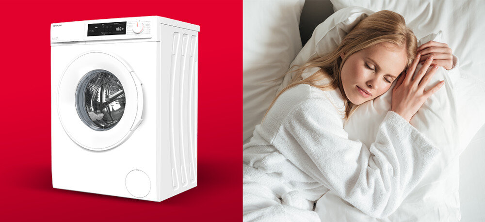 PRALKA SHARP ES-NFA6101WC-PL Pralka pokazana jest obok osoby leżącej na łóżku. Zdjęcie symbolicznie odnosi się do cichej pracy urządzenia cicha praca redukcja drgań stabilna konstrukcja komfort użytkowania wave cabinet