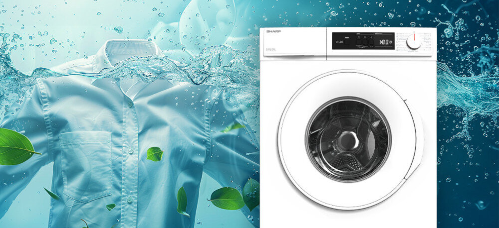 PRALKA SHARP ES-NFA6101WC-PL Koszula zanurzona w wodzie symbolizuje skuteczne, a jednocześnie delikatne pranie. Obok widoczny jest front pralki Sharp Eco Logic oszczędność energii oszczędność wody automatyczne dopasowanie ekonomiczne pranie