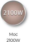 Obraz przedstawia okrągły przycisk z napisem \'2100W\' na brązowym tle. Poniżej znajduje się tekst \'Moc 2100W\'.