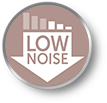 Ikona w kształcie koła z napisem \'LOW NOISE\' i strzałką skierowaną w dół, w kolorze brązowym.