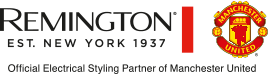 Logo z napisem \'REMINGTON EST. NEW YORK 1937\' oraz herbem klubu piłkarskiego z napisem \'Official Electrical Styling Partner of Manchester United\'.