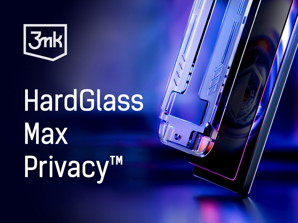 Obraz przedstawia szkło ochronne na telefon z efektem prywatyzującym, z widocznym logo \'3mk\'. Obok znajduje się tekst: \'HardGlass Max Privacy™\'.