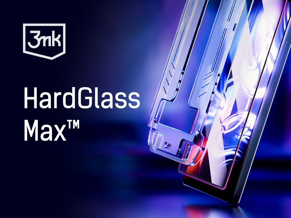 Obraz przedstawia szkło hartowane na telefon z napisem \'3mk HardGlass Max™\'. W tle widoczny jest telefon z kolorowym wyświetlaczem.