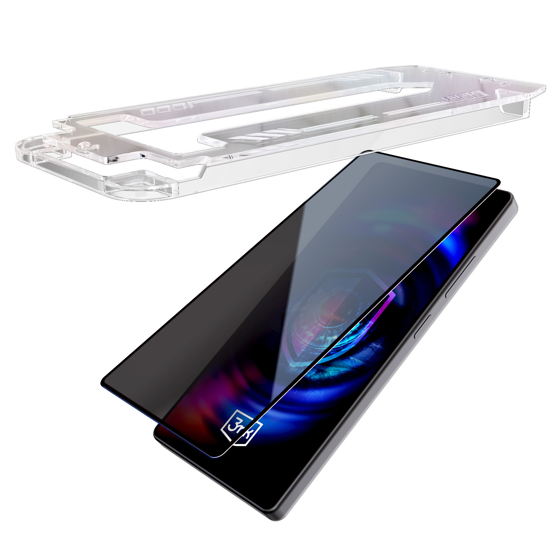 Obraz przedstawia telefon z nałożonym szkłem ochronnym, obok znajduje się przezroczysta ramka montażowa. Na ekranie telefonu widoczny jest kolorowy wzór oraz logo \'3Mk\'.