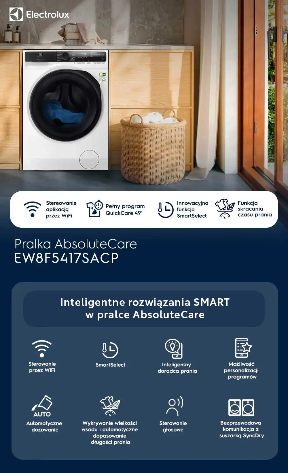 Na obrazie widoczna jest pralka Electrolux z serii AbsoluteCare EW8F5417SACP umieszczona w jasnej kuchni, obok kosza na pranie. Tekst na obrazie: \'Inteligentne rozwiązania SMART w pralce AbsoluteCare\', \'Sterowanie aplikacją przez WiFi\', \'Pełny program QuickCare 49’\', \'Innowacyjna funkcja SmartSelect\', \'Funkcja skracania czasu prania\'.