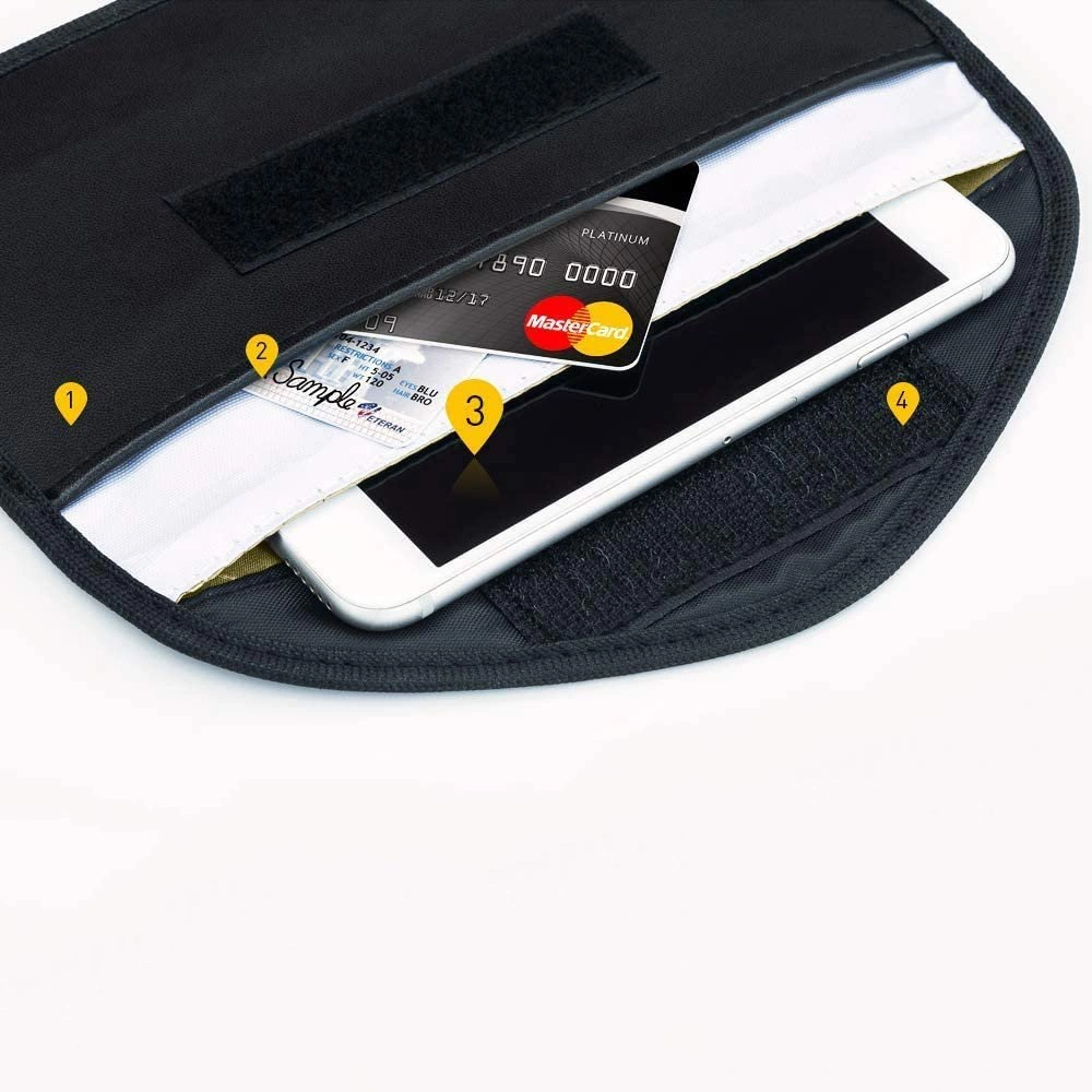 Czarne etui z rzepem, wewnątrz którego znajdują się karta płatnicza z logo Mastercard i telefon. Widoczny jest również fragment metki z napisem \'Sample\'.
