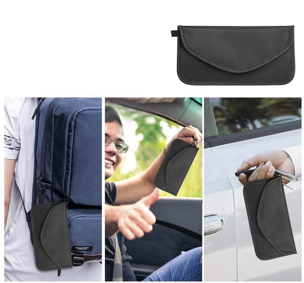 Obraz przedstawia czarne etui antykradzieżowe, które jest przymocowane do plecaka, trzymane w samochodzie oraz przy drzwiach samochodu. Etui ma prostokątny kształt z zaokrągloną klapką zamykającą.