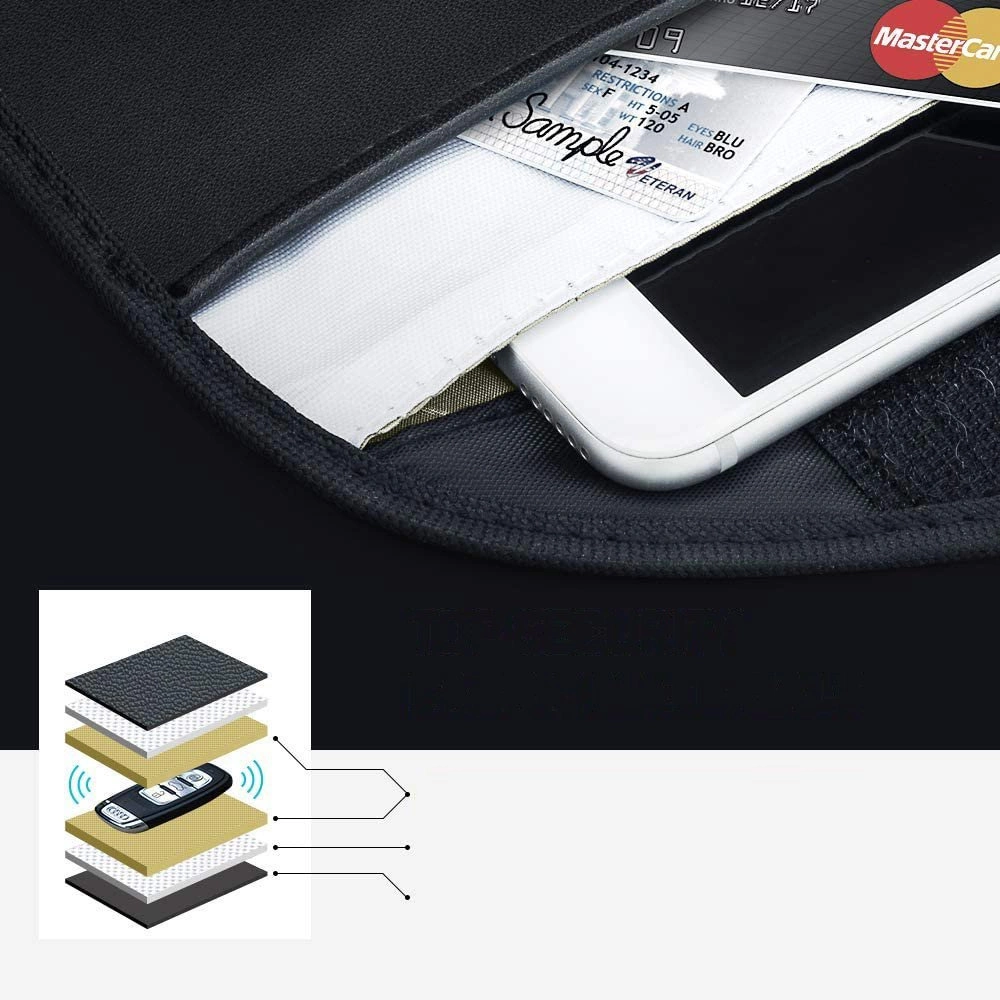 Na obrazie widoczne jest czarne etui z telefonem i kartą płatniczą w środku, z logo MasterCard. W dolnej części znajduje się schemat warstwowy przedstawiający budowę etui z ikoną klucza samochodowego i fal radiowych.