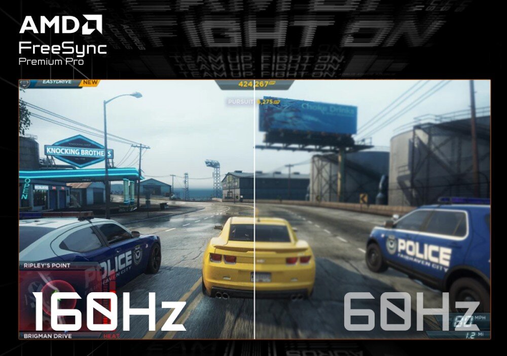 Monitor GIGABYTE M32UP Podzielony ekran z gry wyścigowej prezentujący ostry obraz przy 160Hz po lewej i rozmyty przy 60Hz po prawej stronie, odświeżanie, synchronizacja