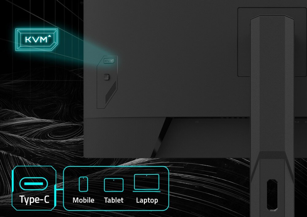 Monitor GIGABYTE M32UP Grafika ilustrująca tył obudowy z przyciskiem KVM oraz schemat podłączenia urządzeń mobilnych przez USB-C, funkcja KVM, hub USB