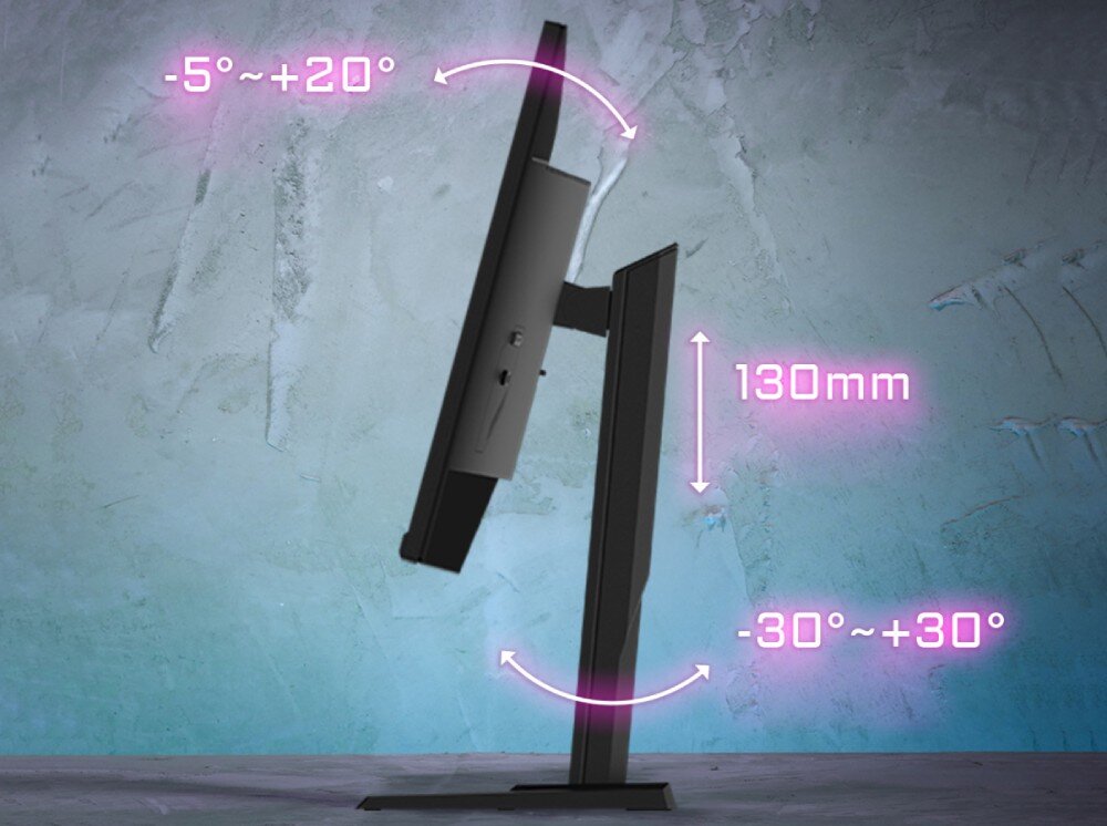 Monitor GIGABYTE M32UP Wizualizacja zakresu regulacji podstawy ekranu, w tym wysokości, pochylenia i obrotu, regulacja, podstawa