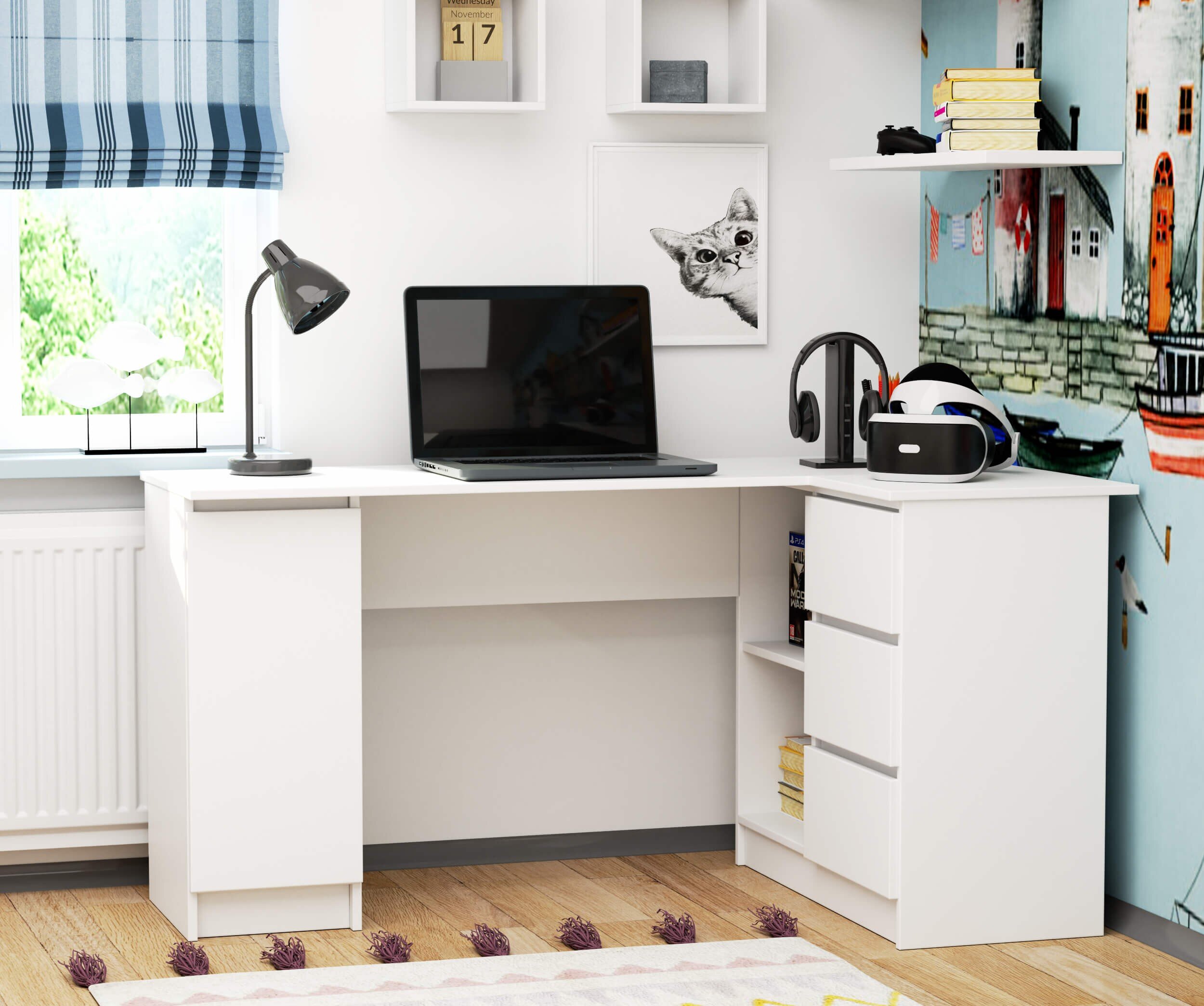 Biurko narożne AKORD B20 Białe 155 cm prawe 1 drzwi 3 szuflady kolor Biały mat 4 półki 155x85x77 cm