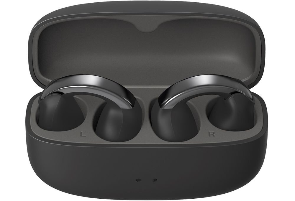 Słuchawki powietrzne JVC HA-NP1T open-ear bezpieczne słuchanie komfort codzienny, słuchawki z etui ładującym od frontu na białym tle