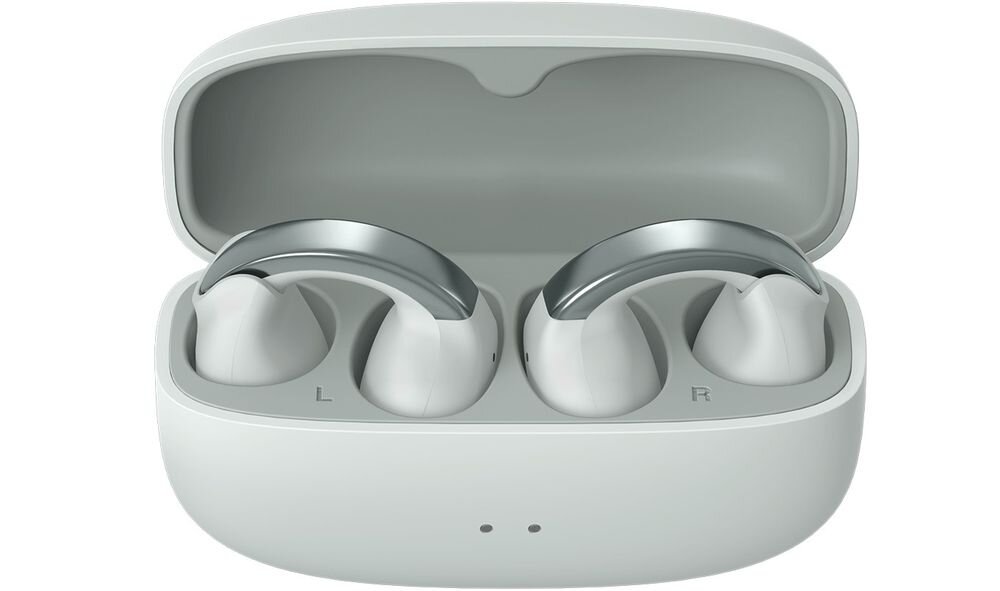 Słuchawki powietrzne JVC HA-NP1T czas pracy do 24 godzin bateria, słuchawki z etui ładującym od frontu na białym tle