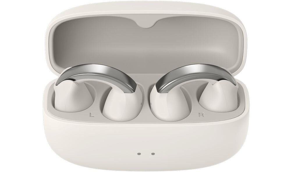 Słuchawki powietrzne JVC HA-NP1T open-ear bezpieczne słuchanie komfort codzienny, słuchawki z etui ładującym od frontu na białym tle