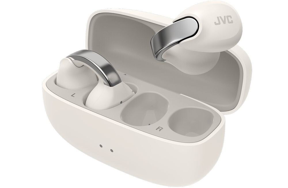 Słuchawki powietrzne JVC HA-NP1T membrany neodymowe pasmo 20-20000 Hz, słuchawki z etui ładującym po skosie na białym tle