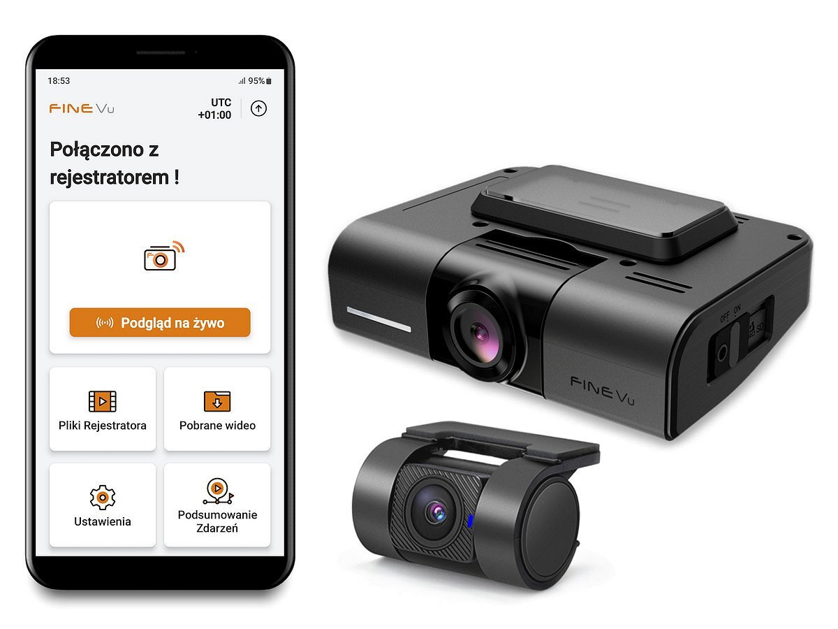 FINEVU GX400 FineVu GX400 smartfonem Wi-Fi aplikacją języku polskim podgląd na żywo, dostęp do nagrań, możliwość ich pobierania i udostępniania, zmianę ustawień, aktualizacje oraz przegląd zdarzeń i tras - Aplikacja mobilna połączona z wideorejestratorem samochodowym, wizualizacja kamery