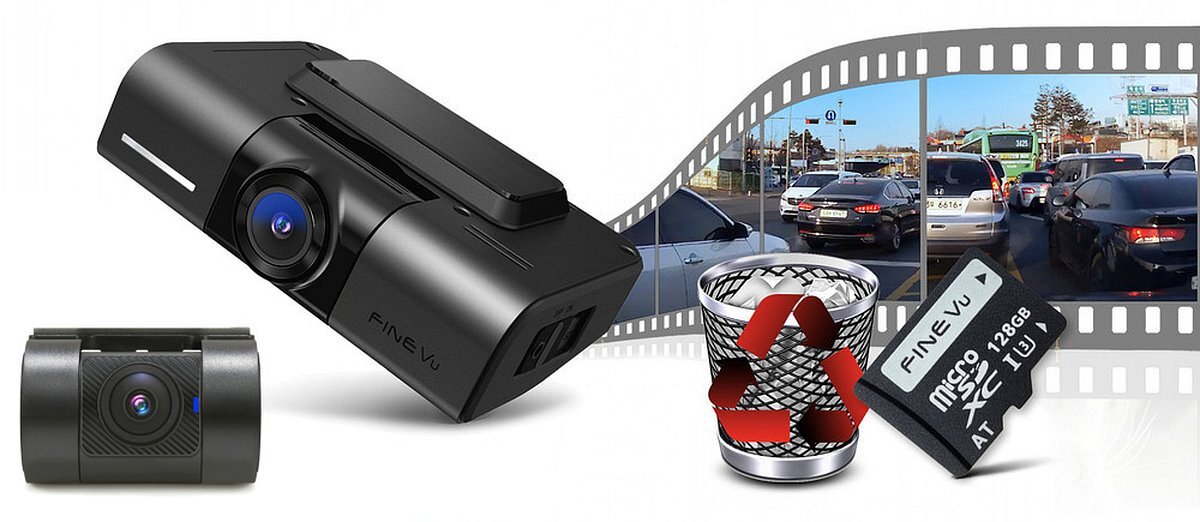 FINEVU GX400 Format Free w FineVu GX400 równomierny i stabilny chroni przed ryzykiem utraty nagrań - Kamera samochodowa z kartą microSD oraz koszem na śmieci, symbolizującą automatyczne zarządzanie nagraniami