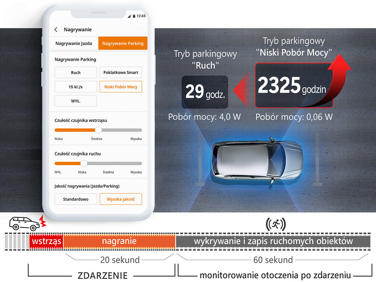 FINEVU GX400 FineVu GX400 Tryb Niski Pobór Mocy 0,06 W 3 miesięcy wykryciu wstrząsu - Ustawienia trybu parkingowego wideorejestratora na ekranie smartfona, porównanie zużycia energii oraz wykrywania ruchu przy samochodzie na parkingu