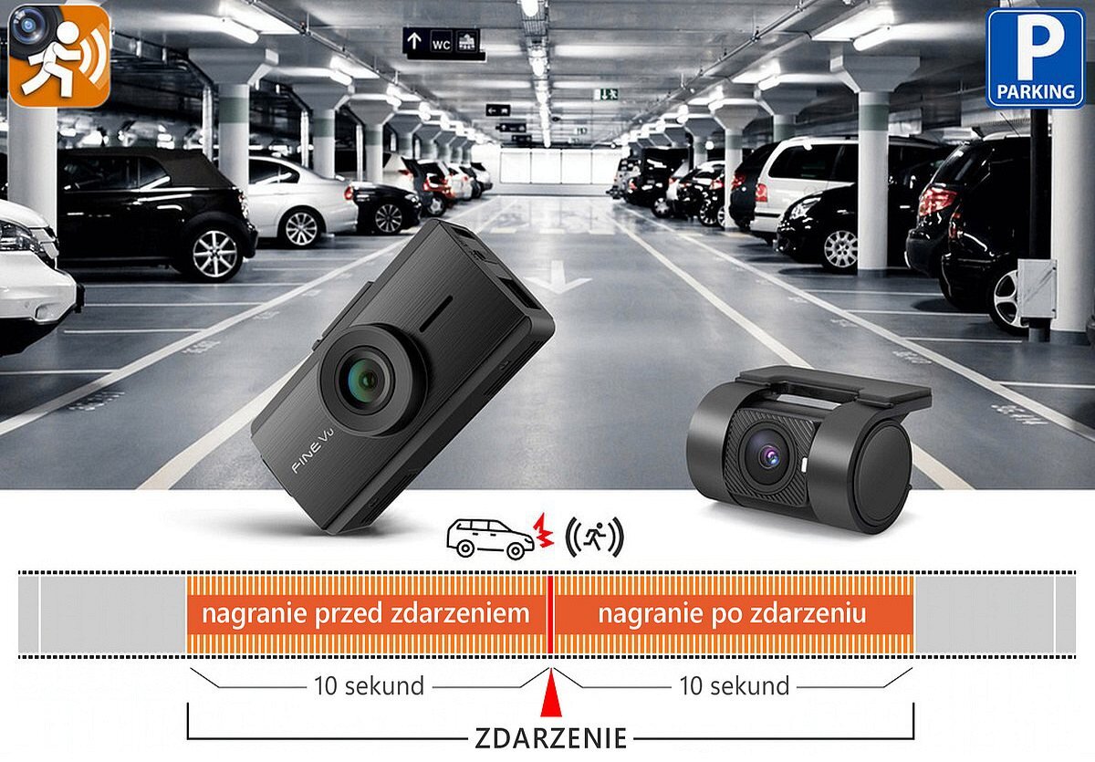 FINEVU GX35 Cloud FINEVU GX35 Cloud inteligentnemu trybowi parkingowemu z technologią AI wykrywa wstrząsy i ruch z przodu i tyłu pojazdu 20-sekundowe filmy (10 sekund przed i po zdarzeniu) Cztery tryby pracy energooszczędny - Schemat działania kamery samochodowej podczas parkowania z wizualizacją zasięgu nagrywania i rejestracją zdarzeń przed oraz po kolizji