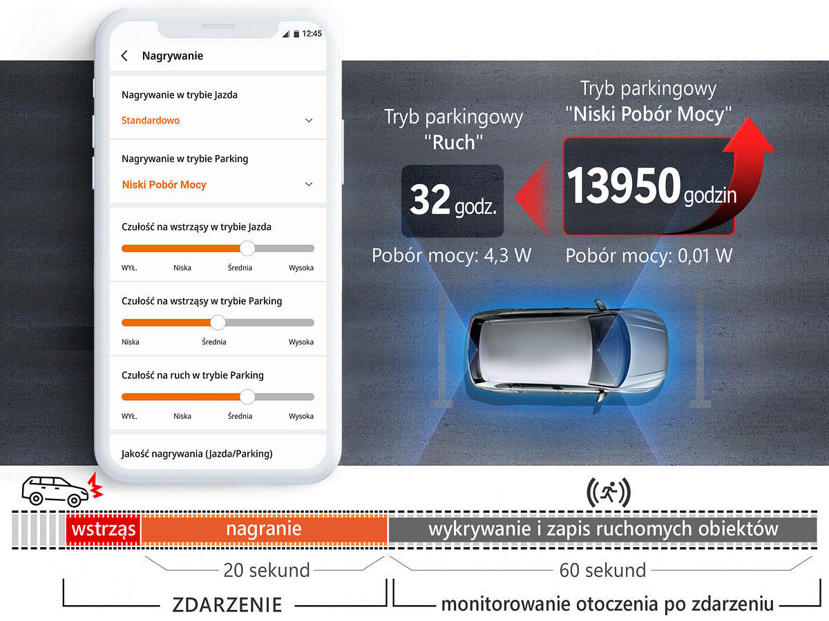 FINEVU GX35 Cloud FINEVU GX35 Cloud Tryb Niski Pobór Mocy 0,06 W 3 miesięcy wykryciu wstrząsu - Ustawienia trybu parkingowego wideorejestratora na ekranie smartfona, porównanie zużycia energii oraz wykrywania ruchu przy samochodzie na parkingu
