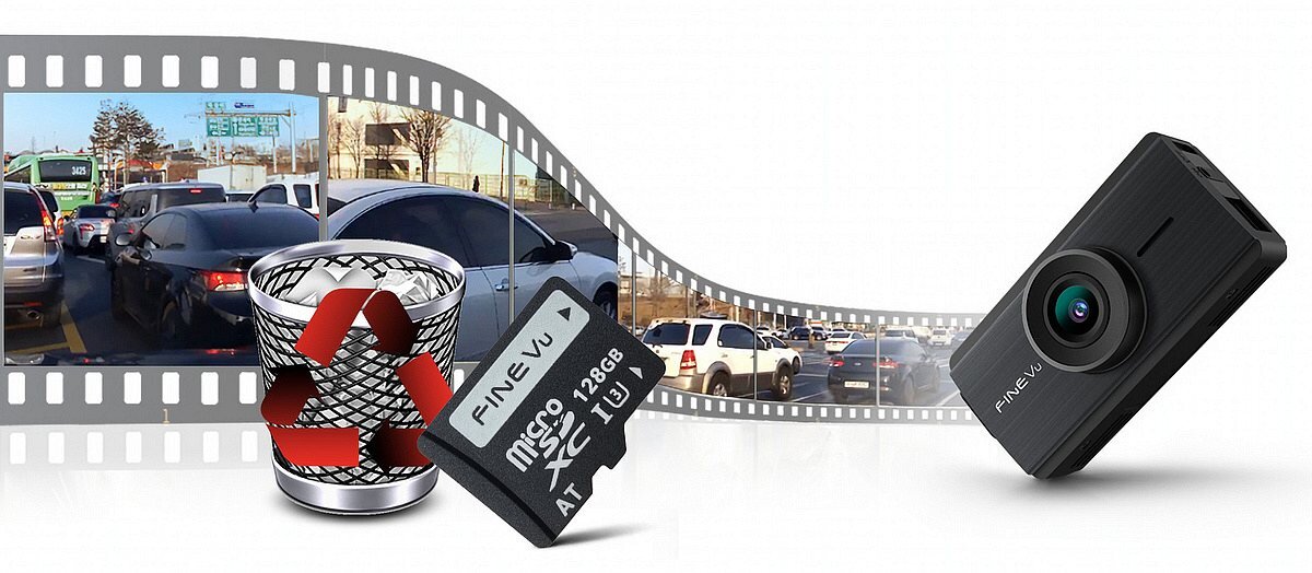 FINEVU GX35 Cloud Format Free w FINEVU GX35 Cloud równomierny i stabilny chroni przed ryzykiem utraty nagrań - Kamera samochodowa z kartą microSD oraz koszem na śmieci, symbolizującą automatyczne zarządzanie nagraniami