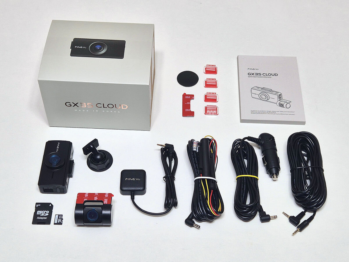 FINEVU GX35 Cloud kamera tylna, uchwyt montażowy, kabel zasilania do gniazda zapalniczki, kabel zasilania do instalacji pojazdu 3-przewodowy (do Trybu Parkingowego), kabel do tylnej kamery od długości 6 metrów, antena GPS z kablem 100 cm