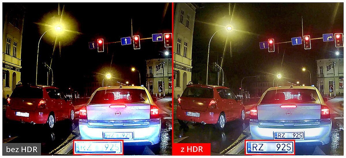 FINEVU GX35 Cloud FINEVU GX35 Cloud HDR (High Dynamic Range) poziomach luminancji (ciemny i jasny) Funkcja HDR - Porównanie jakości nagrania samochodu nocą – po lewej bez HDR, po prawej z HDR, widoczne tablice rejestracyjne i sygnalizacja świetlna