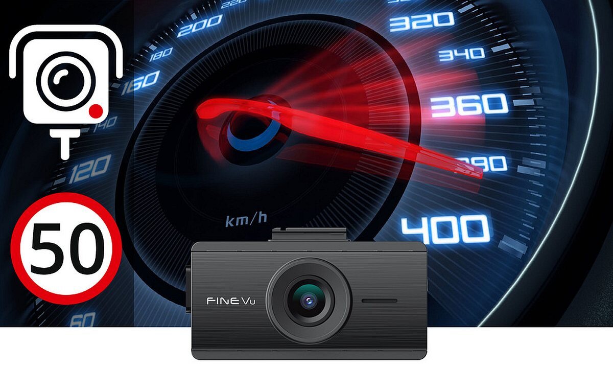 FINEVU GX35 Cloud FINEVU GX35 Cloud modułowi GPS fotoradarach fotoradaru bazie danych powiadomienie głosowe ograniczeniu prędkości stacjonarne fotoradary kamery kontrolujące przejazd na czerwonym świetle odcinkowego pomiaru średniej prędkości - Rejestrator jazdy przed tłem z prędkościomierzem, ikoną kamery i znakiem ograniczenia prędkości do 50 km/h