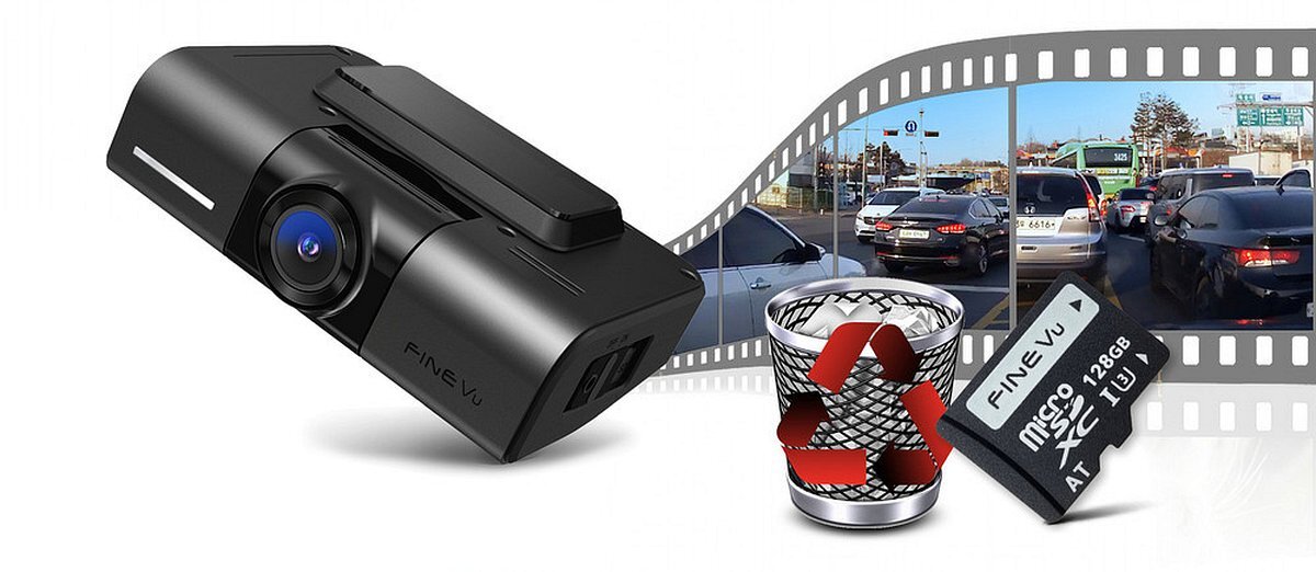 FINEVU GX400 Format Free w FineVu GX400 równomierny i stabilny chroni przed ryzykiem utraty nagrań - Kamera samochodowa z kartą microSD oraz koszem na śmieci, symbolizującą automatyczne zarządzanie nagraniami