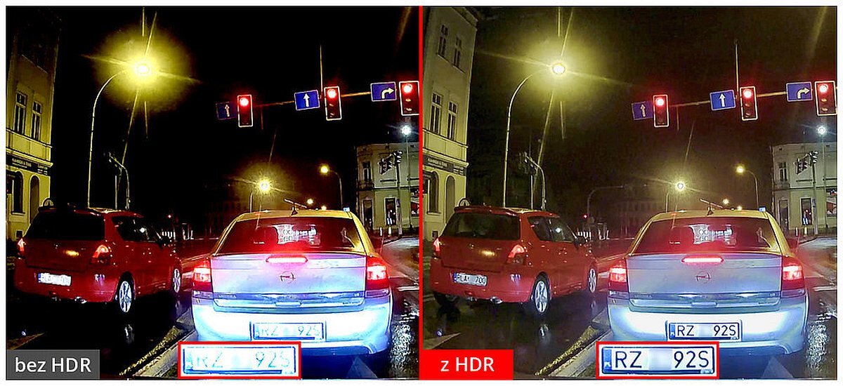 FINEVU GX400 FineVu GX400 HDR (High Dynamic Range) poziomach luminancji (ciemny i jasny) Funkcja HDR - Porównanie jakości nagrania samochodu nocą – po lewej bez HDR, po prawej z HDR, widoczne tablice rejestracyjne i sygnalizacja świetlna