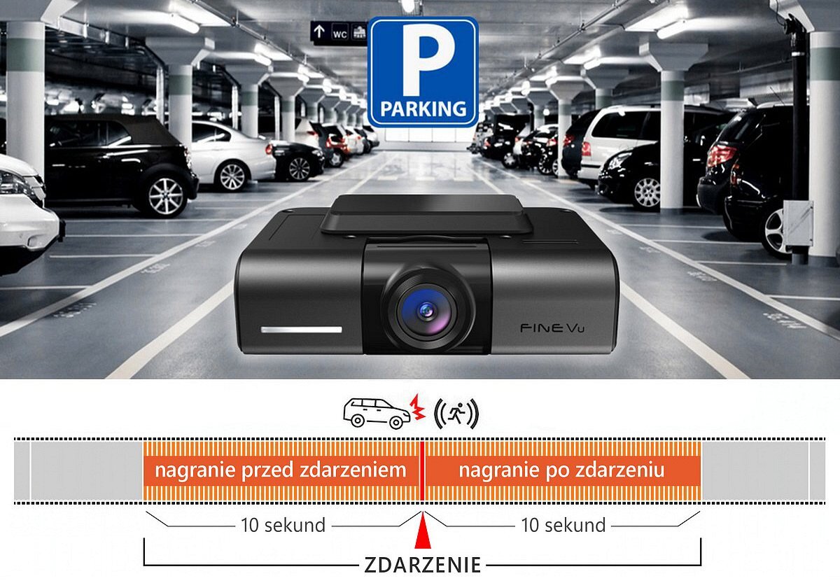 FINEVU GX400 FineVu GX400 inteligentnemu trybowi parkingowemu z technologią AI wykrywa wstrząsy i ruch z przodu i tyłu pojazdu 20-sekundowe filmy (10 sekund przed i po zdarzeniu) Cztery tryby pracy energooszczędny - kamera na tle parkingu w budynku, pod spodem oś czasu nagrywania przed i po zdarzeniu