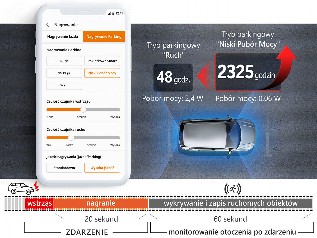 FINEVU GX400 FineVu GX400 Tryb Niski Pobór Mocy 0,06 W 3 miesięcy wykryciu wstrząsu - Ustawienia trybu parkingowego wideorejestratora na ekranie smartfona, porównanie zużycia energii oraz wykrywania ruchu przy samochodzie na parkingu