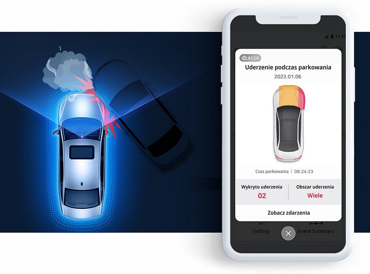 FINEVU GX1000 FineVu GX1000 funkcją AI Damage Detection 2.0 miejsce i siłę uderzenia milionów zapisanych charakterystyk różnych wibracji połączeniu z aplikacją - Detekcja uderzenia podczas parkowania oraz powiadomienie o zdarzeniu wyświetlane w aplikacji na smartfonie