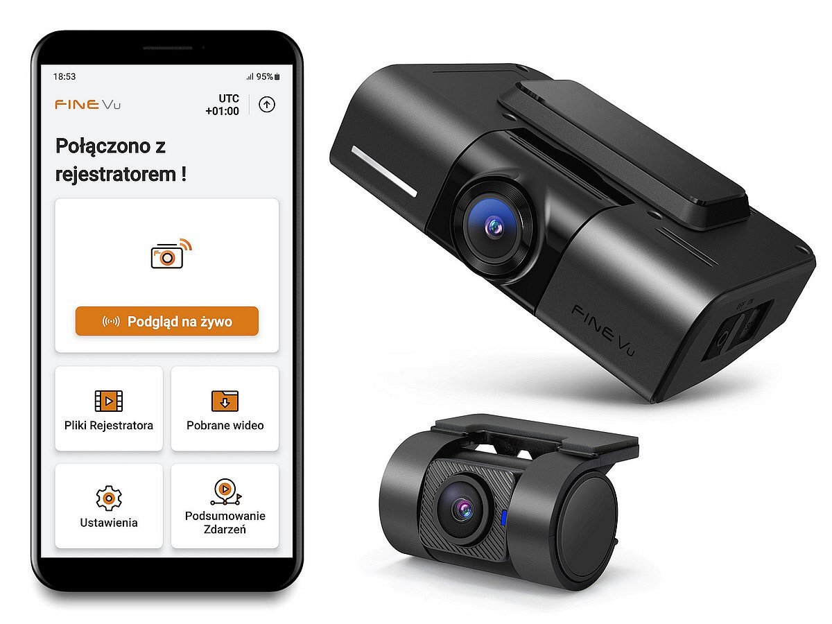 FINEVU GX1000 FineVu GX1000 smartfonem Wi-Fi aplikacją języku polskim podgląd na żywo, dostęp do nagrań, możliwość ich pobierania i udostępniania, zmianę ustawień, aktualizacje oraz przegląd zdarzeń i tras - Aplikacja mobilna połączona z wideorejestratorem samochodowym, wizualizacja kamer przedniej i tylnej