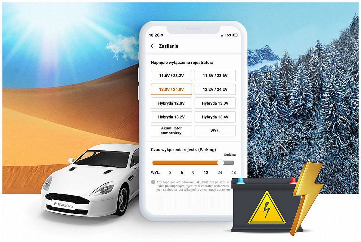 FINEVU GX1000 FineVu GX1000 napięcie spadnie poniżej ustawionego progu 12V, 24V i hybrydowe (13V+) akumulatorem pomocniczym (powerbankiem) limit czasu działania trybu parkingowego wybrać opcję Niski Pobór Mocy - Menu ustawień zasilania wideorejestratora na ekranie telefonu, samochód na tle pustyni oraz zimowego lasu, akumulator z symbolem błyskawicy