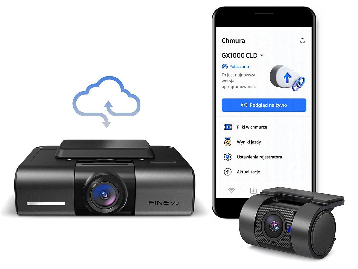 FINEVU GX1000 FineVu GX1000 smartfonem Wi-Fi aplikacją języku polskim podgląd na żywo, dostęp do nagrań, możliwość ich pobierania i udostępniania, zmianę ustawień, aktualizacje oraz przegląd zdarzeń i tras - Aplikacja mobilna połączona z wideorejestratorem samochodowym, wizualizacja kamer przedniej i tylnej