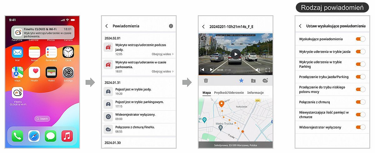 FINEVU GX1000 FineVu GX1000 powiadomienia „push” na smartfon wykryciu wstrząsu Internetem i kontem w chmurze FineVu obejrzeć nagranie - zrzuty ekranu z aplikacji i powiadomień