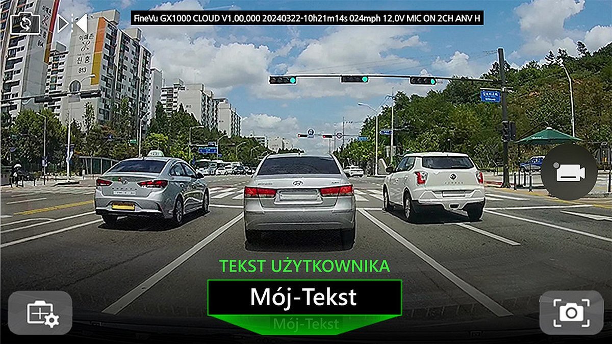 FINEVU GX1000 FineVu GX1000 dodanie własnego tekstu do nagrywanych filmów numeru rejestracyjnego, modelu pojazdu czy imienia kierowcy egzaminów na prawo jazdy aplikacji FineVu CLOUD & Wi-Fi do 20 znaków bez spacji - tekst nanieniosny na obraz z wideorejestratora