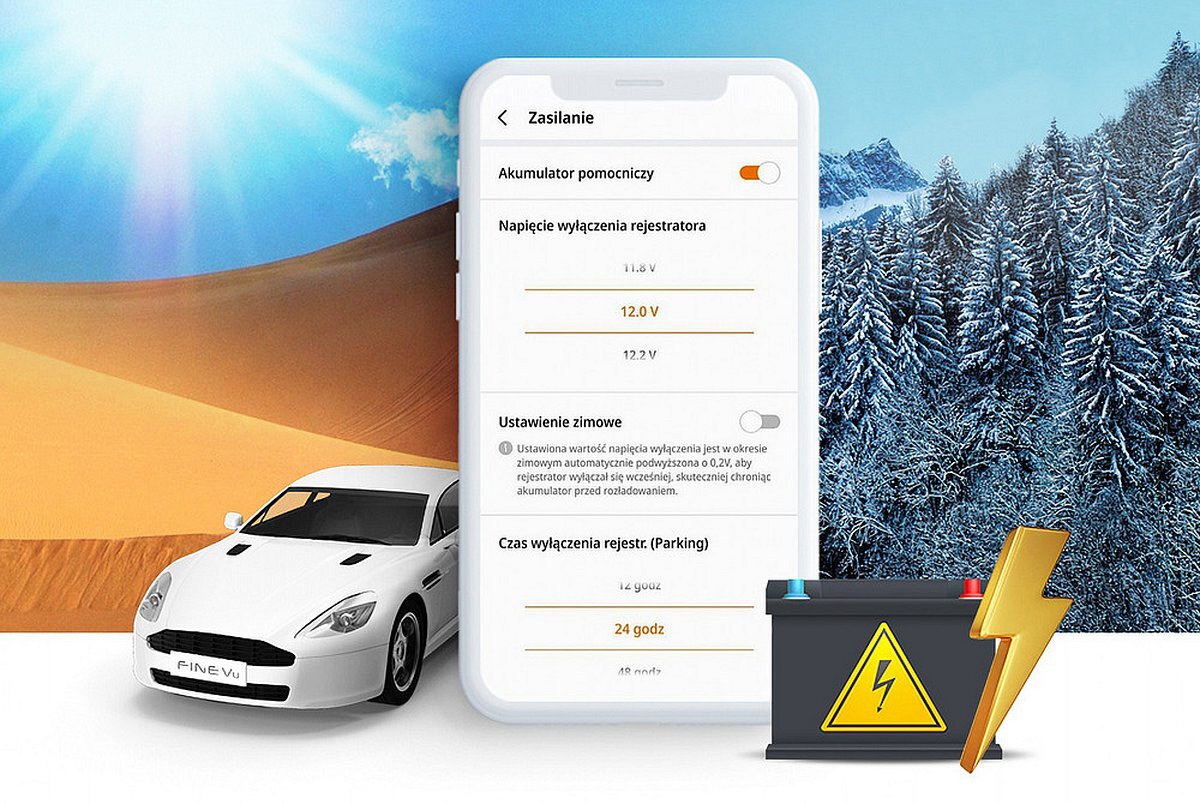 FINEVU GX1000 FineVu GX1000 napięcie spadnie poniżej ustawionego progu 12V, 24V i hybrydowe (13V+) akumulatorem pomocniczym (powerbankiem) limit czasu działania trybu parkingowego wybrać opcję Niski Pobór Mocy - Menu ustawień zasilania wideorejestratora na ekranie telefonu, samochód na tle pustyni oraz zimowego lasu, akumulator z symbolem błyskawicy