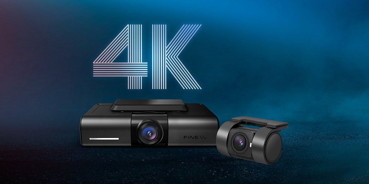 FINEVU GX4K - wideorejestrator z kamerą tylną na granatowym tle, z tyłu napis 4K